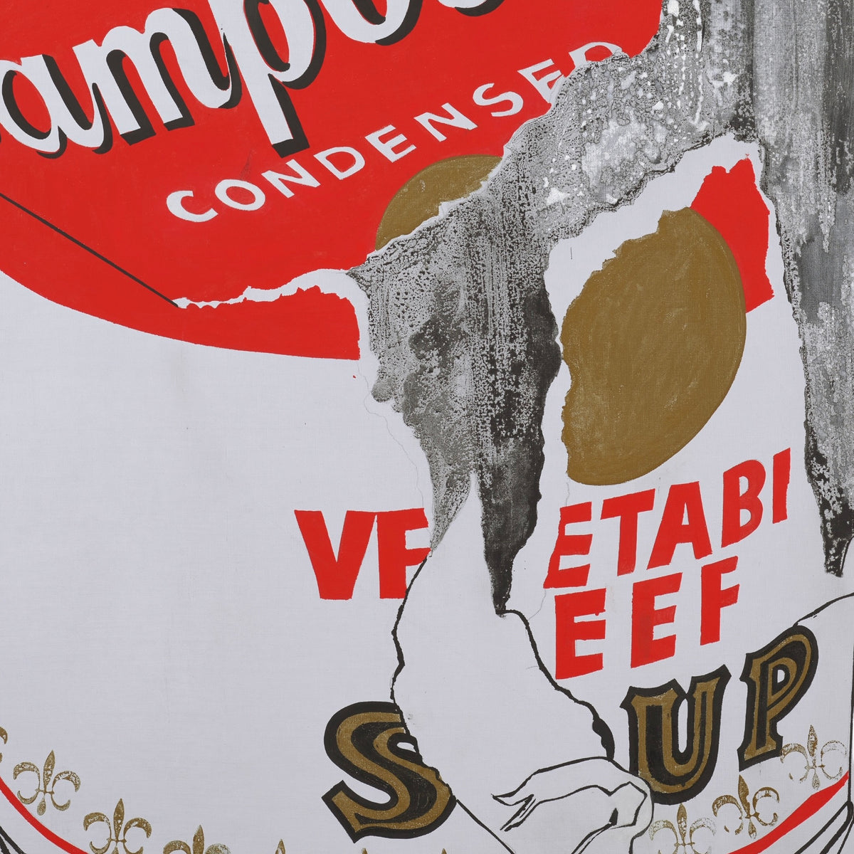 Close-up of Andy Warhol Campbell’s Soup Can ceramic mug showing expressive torn soup can artwork, pop art style