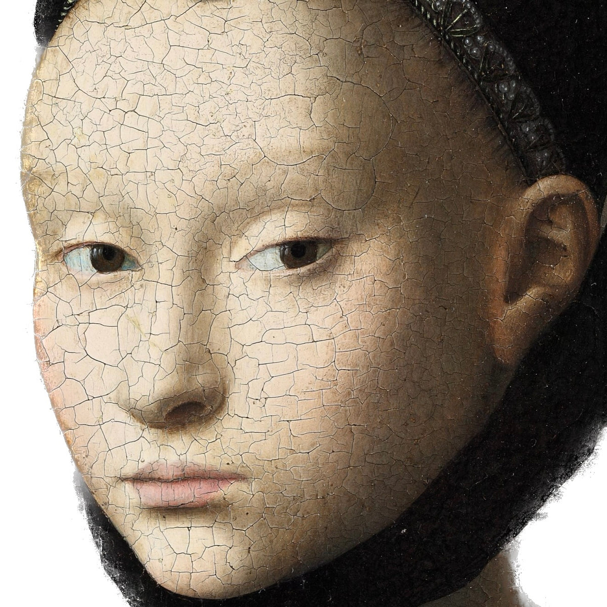 Close-up of Petrus Christus ceramic mug showing detailed opalescent face and enigmatic gaze from Portrait of a Young Lady