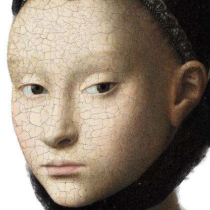 Close-up of Petrus Christus ceramic mug showing detailed opalescent face and enigmatic gaze from Portrait of a Young Lady