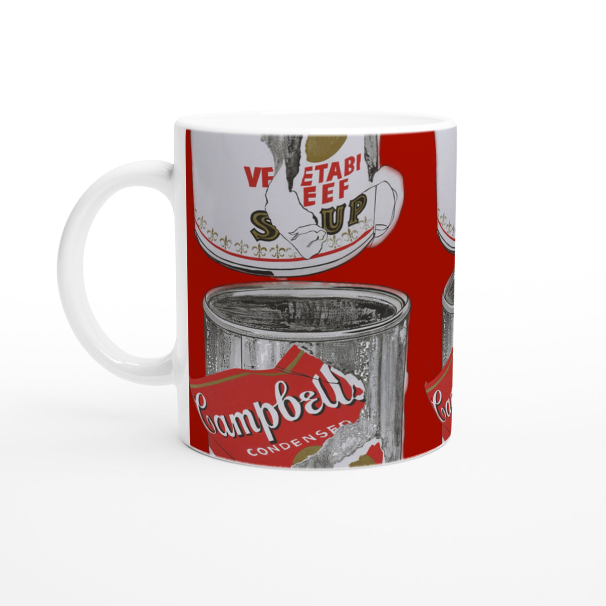 Andy Warhol Campbell’s Soup Can mug, museum-quality ceramic, featuring Big Torn soup can design, pop art 1960s