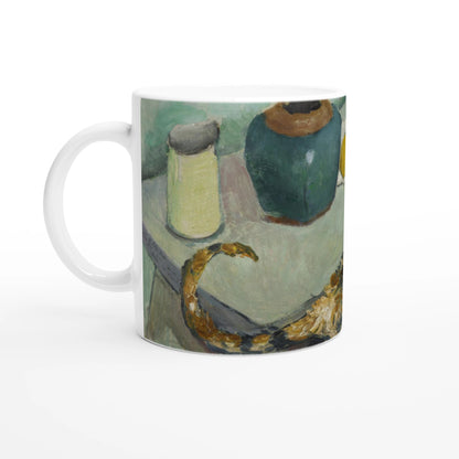 Auguste Macke “The Spirit in the House: Still Life with Cat” ceramic mug, museum-quality reproduction of colorful still life painting, 11oz (325ml)