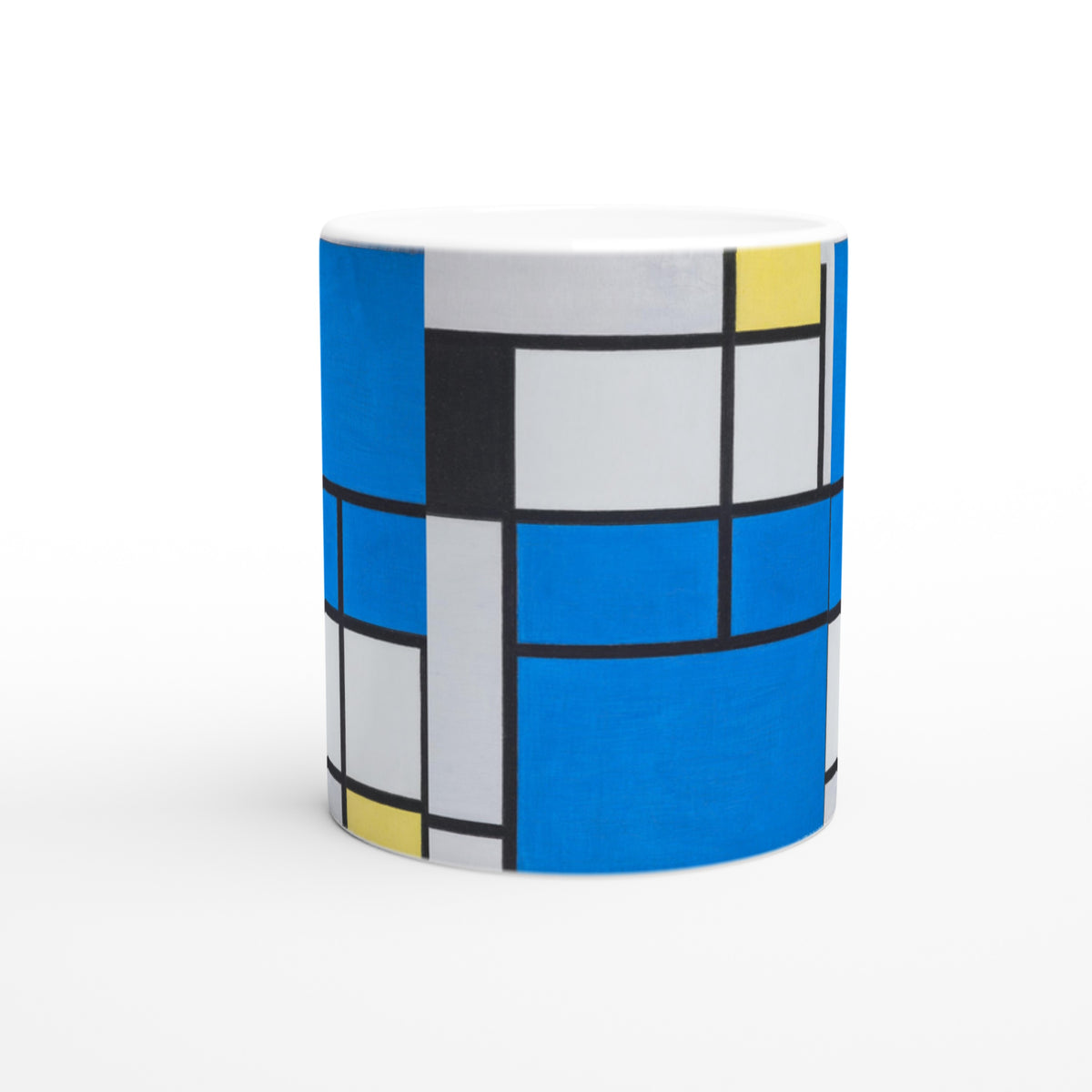 Piet Mondrian Becher | Komposition mit großer blauer Fläche, Rot, Schwarz, Gelb und Grau