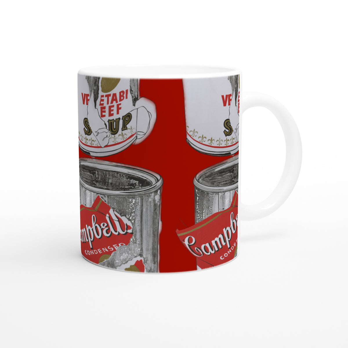 Andy Warhol Campbell’s Soup Can mug, museum-quality ceramic, featuring Big Torn soup can design, pop art 1960s